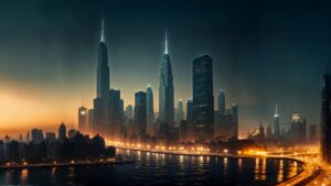 City skyline with a river and a bridge at night with lights on the buildings