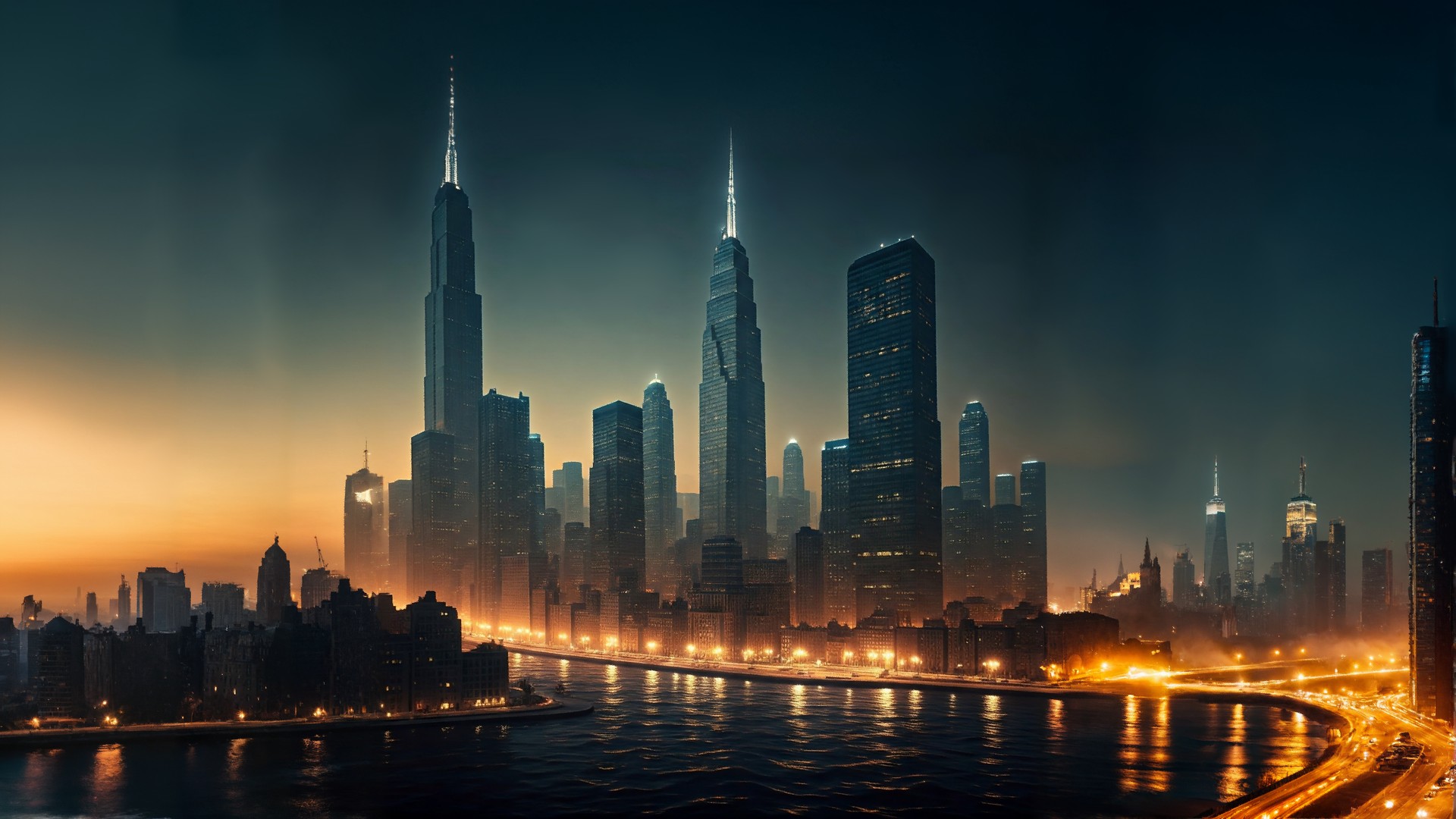 City skyline with a river and a bridge at night with lights on the buildings