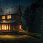 House with a porch in the dark with a lit window and steps