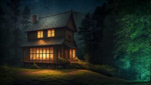 House with a porch in the dark with a lit window and steps