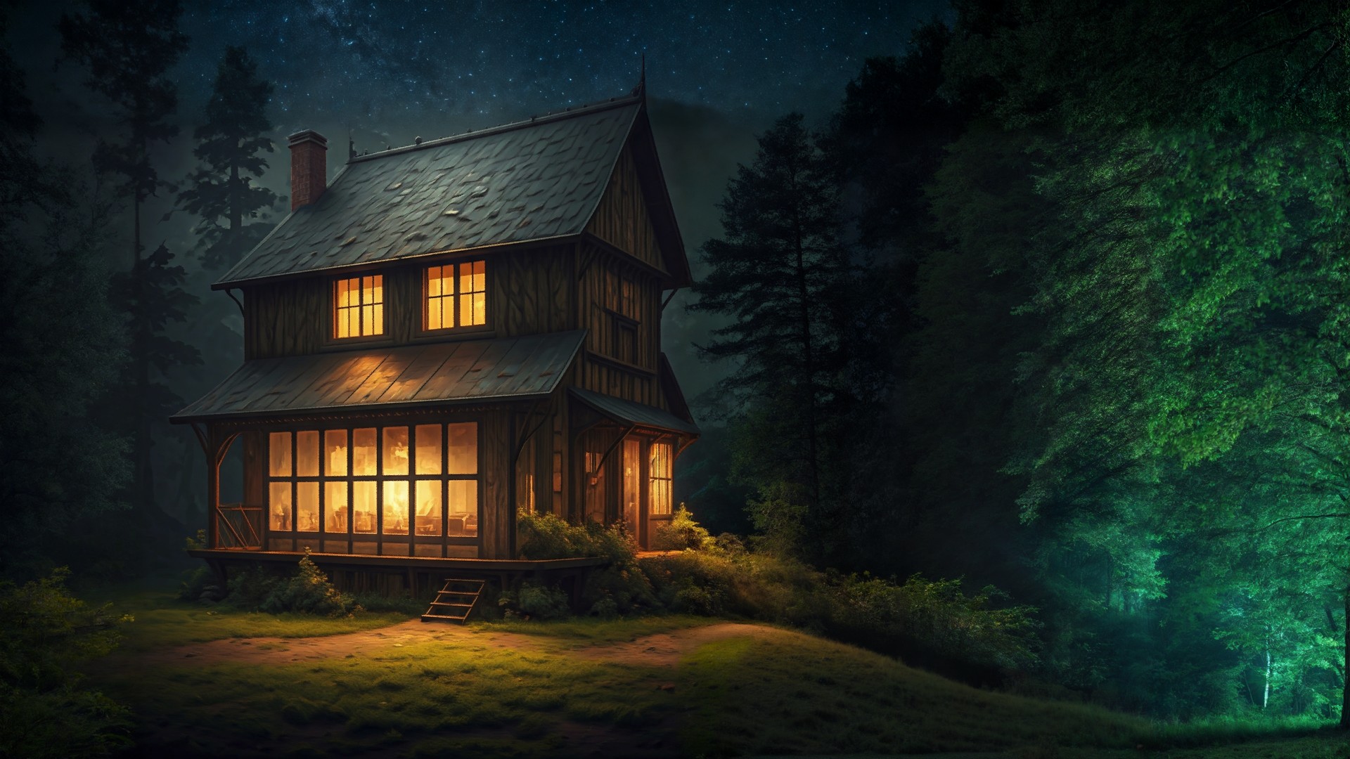 House with a porch in the dark with a lit window and steps