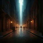 Man walking down a street in a city at night with tall buildings
