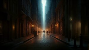 Man walking down a street in a city at night with tall buildings