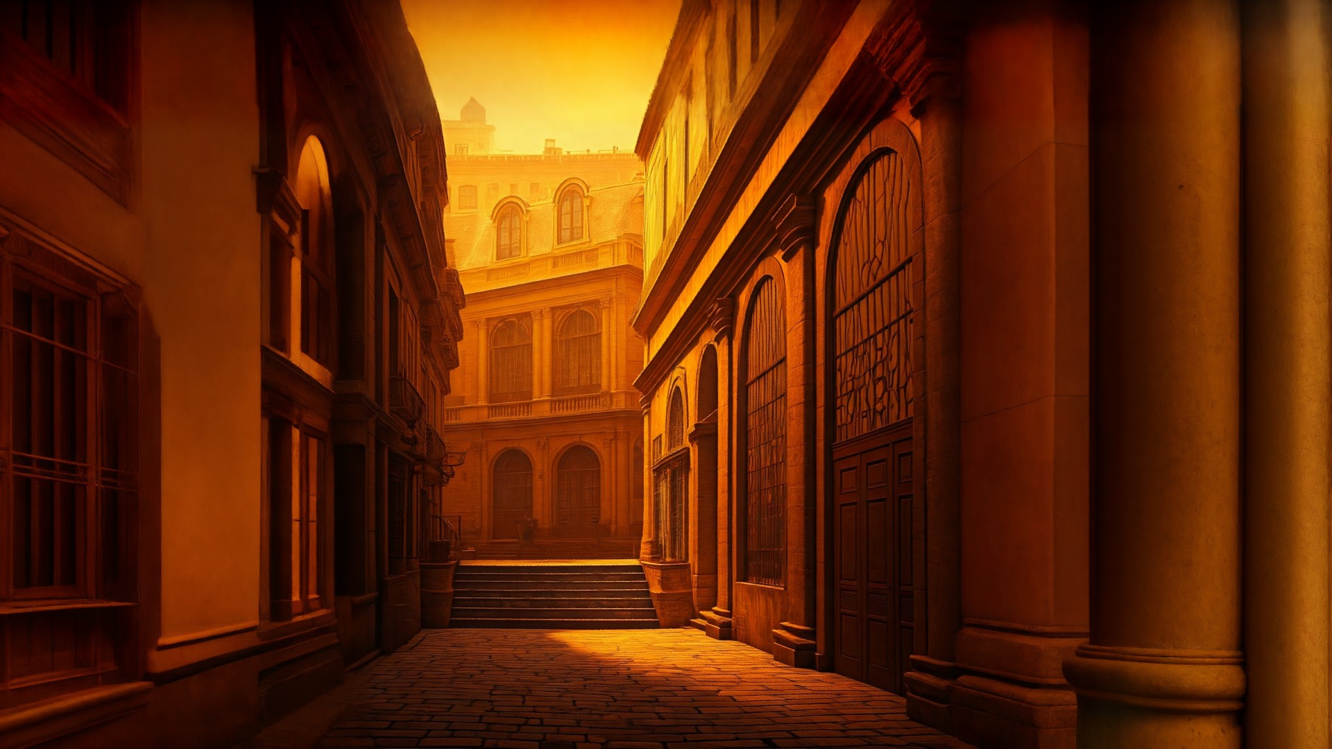Narrow alley with a stone walkway between two buildings with arched windows