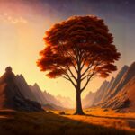 Painting of a tree in a field with mountains in the background and birds flying in the sky above