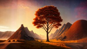 Painting of a tree in a field with mountains in the background and birds flying in the sky above