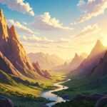 Painting of a mountain valley with a river running through it and a sky with clouds