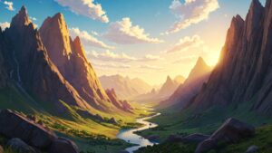 Painting of a mountain valley with a river running through it and a sky with clouds
