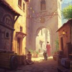 Painting of a person with a motorcycle in a narrow alleyway