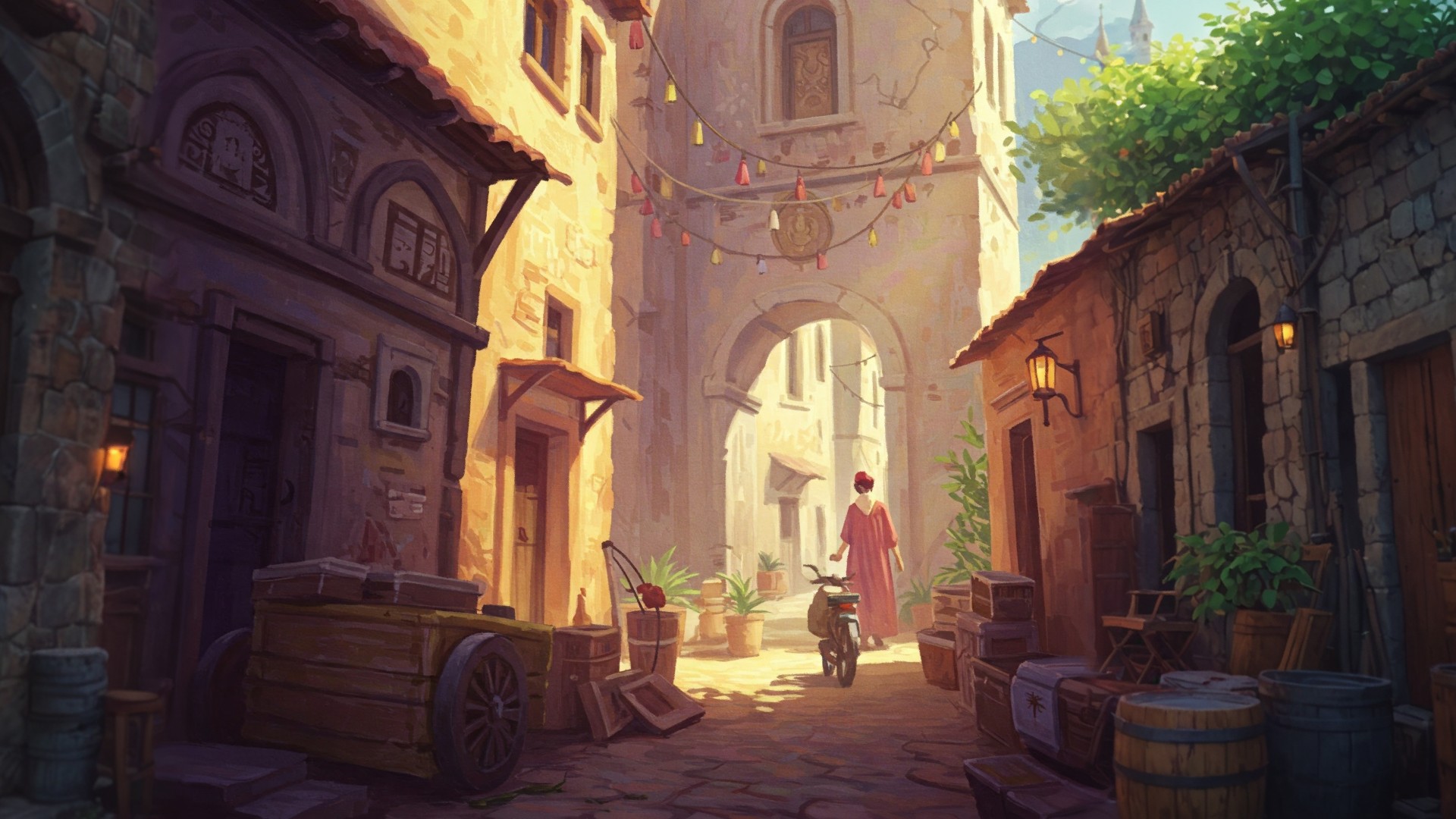 Painting of a person with a motorcycle in a narrow alleyway