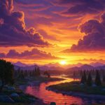 Painting of a sunset over a river with mountains