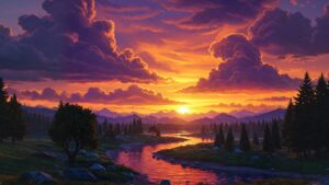 Painting of a sunset over a river with mountains