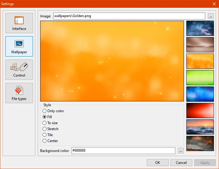 Setting up the background of the main window. There are preset images. If desired, you can choose your own background. The background color is set by Hex code